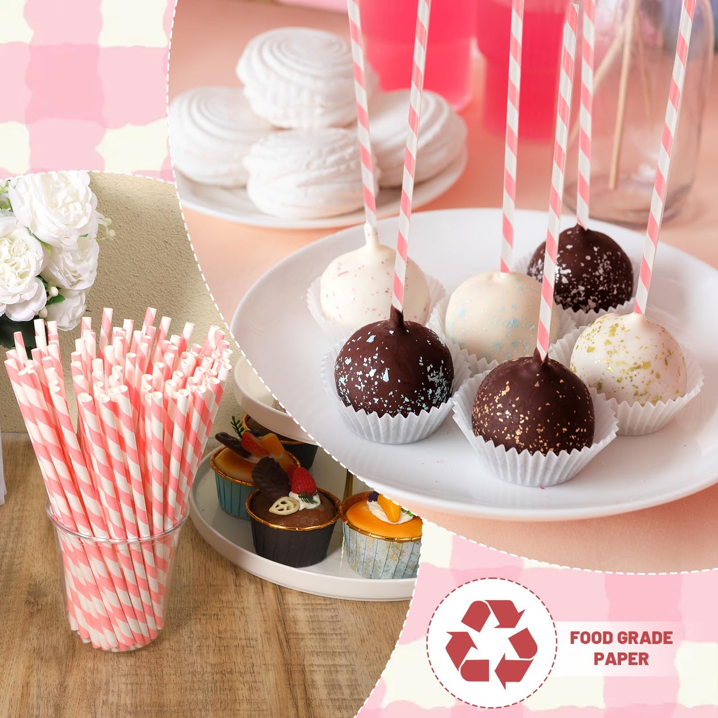 Paper Straws, 100 Pcs Pink Striped Straws, 7.8 Inch Disposable Flexible Party Drinking Straw for New Year Birthday Wedding Cocktail Milkshake Coffee Juice Cold Drinks, Party Decorations