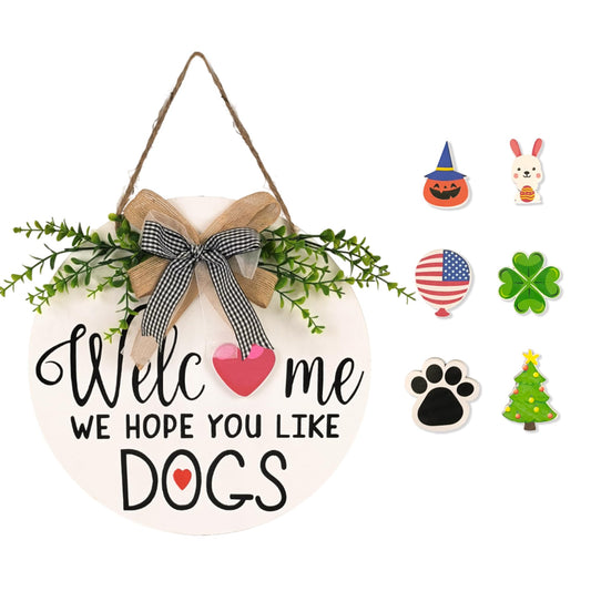 Interchangeable Welcome Wreath Sign for Front Porch Decor -Farmhouse Round Wood Wreaths Wall Hanging We Hope You Like Dogs Signs, Housewarming Gifts for All Seasons Halloween Christmas Home Decoration