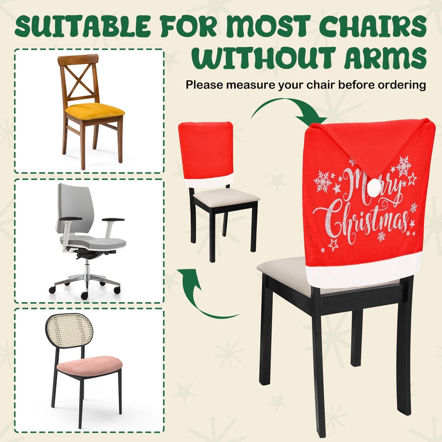 CreiYuan Christmas Chair Covers Set of 4 Santa Hat, Silver Glitter Print, High Resilience Pompon on Top, Size 25"x20", Christmas Decorations Indoor for Dining Room, Christmas Party Decorations