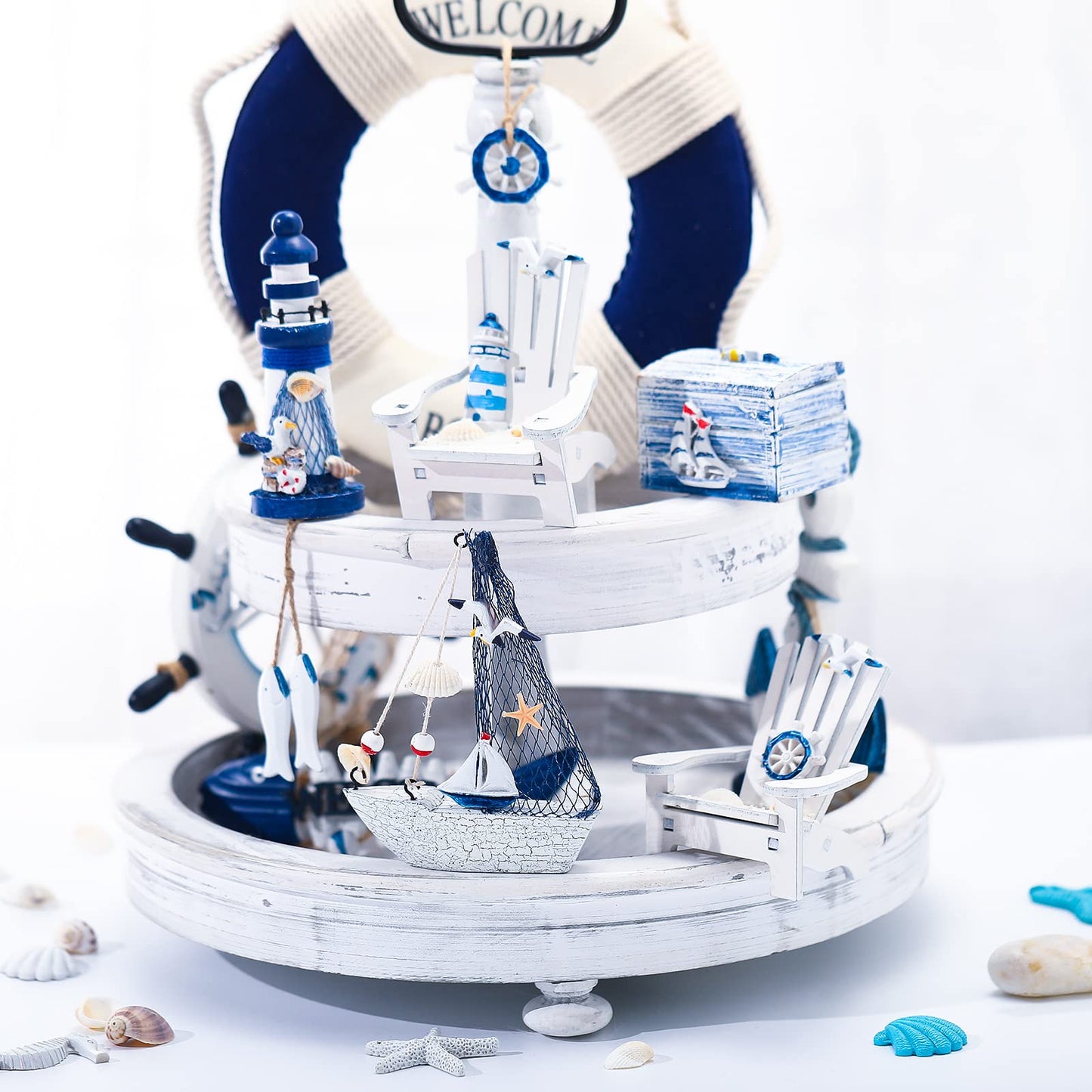 7 Pieces Wooden Box Wooden Lighthouse Mini Sailboat Anchor Fish Hanging Starfish Model Spring Summer Easter Tree Ornament Decoration Aquarium Decor Landscape Tank Ornament Office Mini Garden Landscape