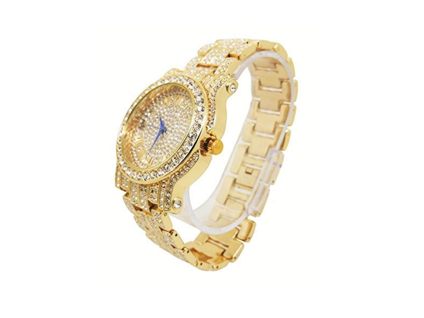 Charles Raymond Bling-ed Out Silver Round Luxury Mens Watch w/Bling-ed Out Cuban Bracelet - L0504B - Cuban (Gold)