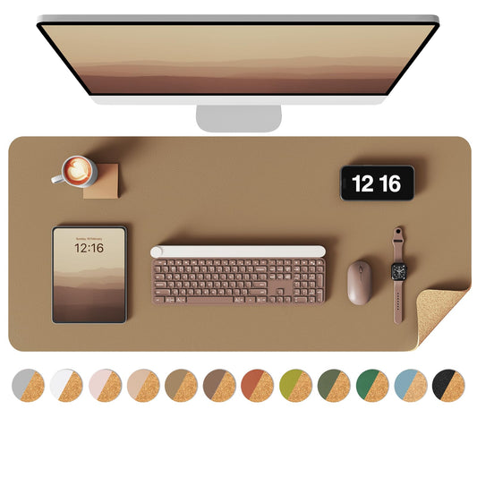 YSAGi Double-Sided Desk Pad, 31.5"x15.7"Leather Desk Mat, Eco Cork Desk Pad Protector,Large Mouse Pad,Waterproof Desk Blotter for Office/Home(Khaki)