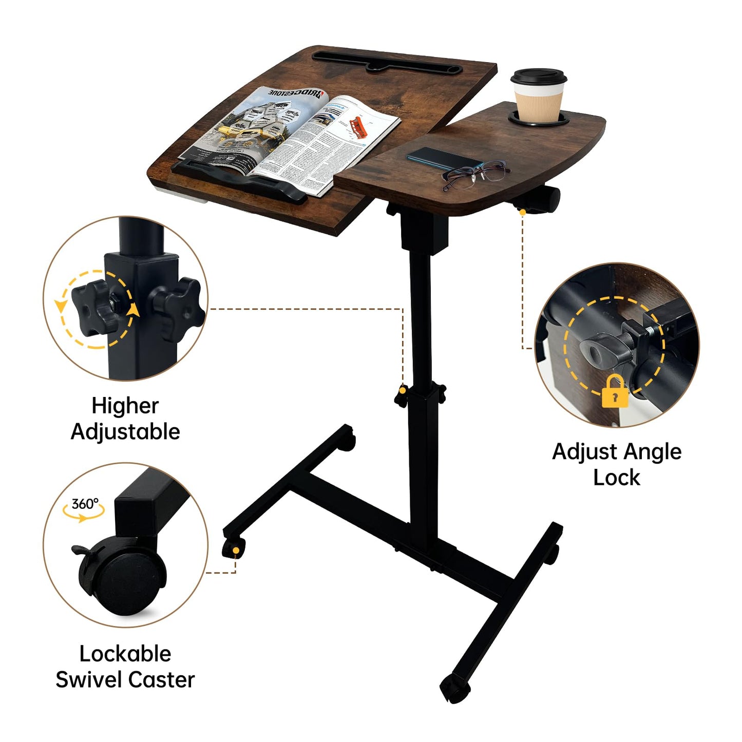 DOKKOME Medical Adjustable Overbed Bedside Table with Wheels, Mobile Standing Desk Laptop Computer Cart with Phone Holder and Drawer for Hospital and Home Use