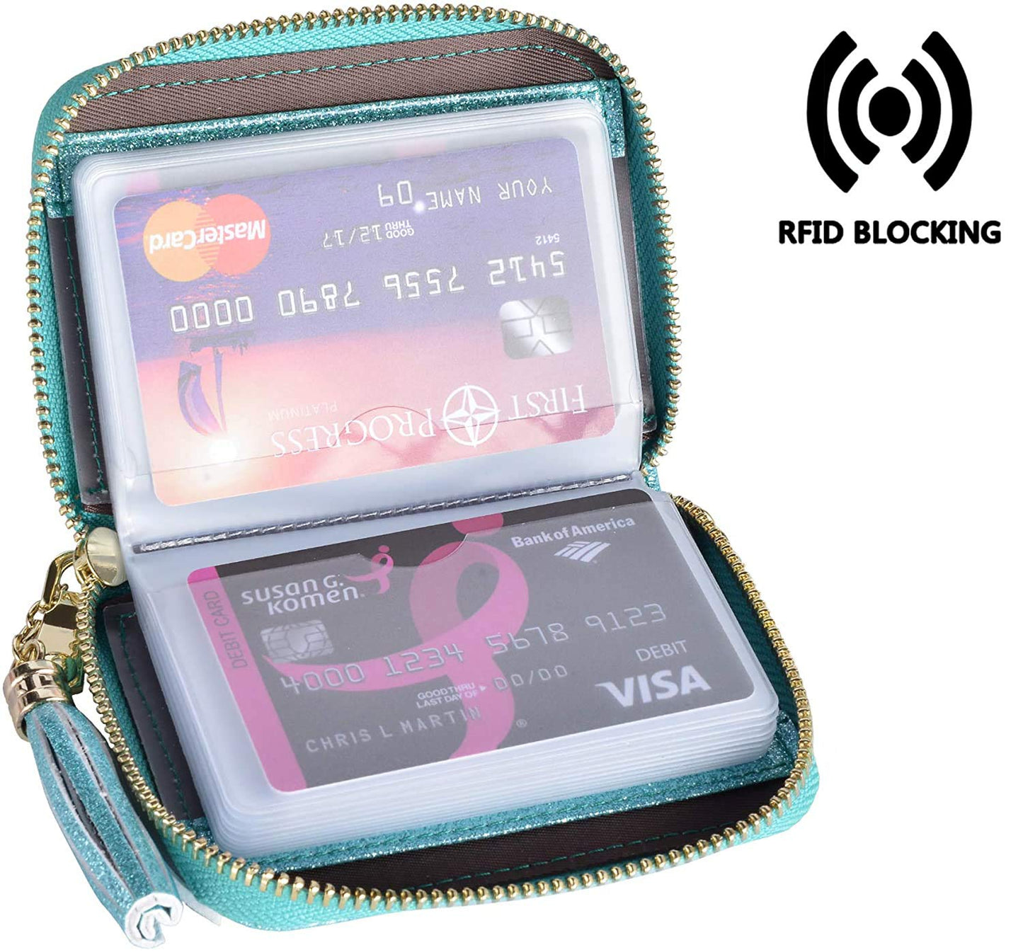 YUHAN PRETTY Womens Credit Card Holder Wallet RFID Leather Small ID Card Case (20 Card Slots - Glitter Teal)