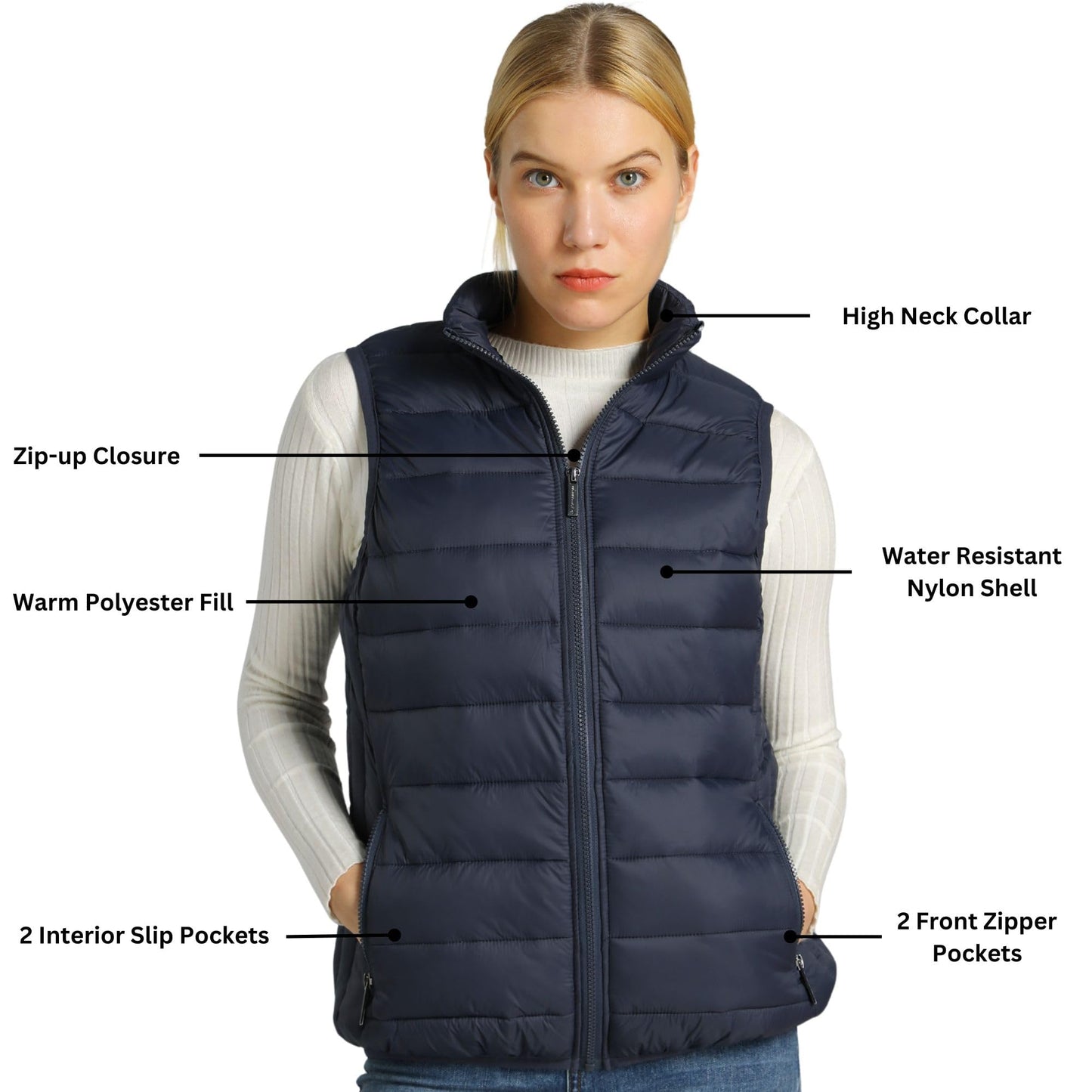 Alpine Swiss Jodie Womens Puffer Vest Insulated Vest Jacket Water Resistant Zip up Pockets Versatile Layer Outerwear NVY 2XL