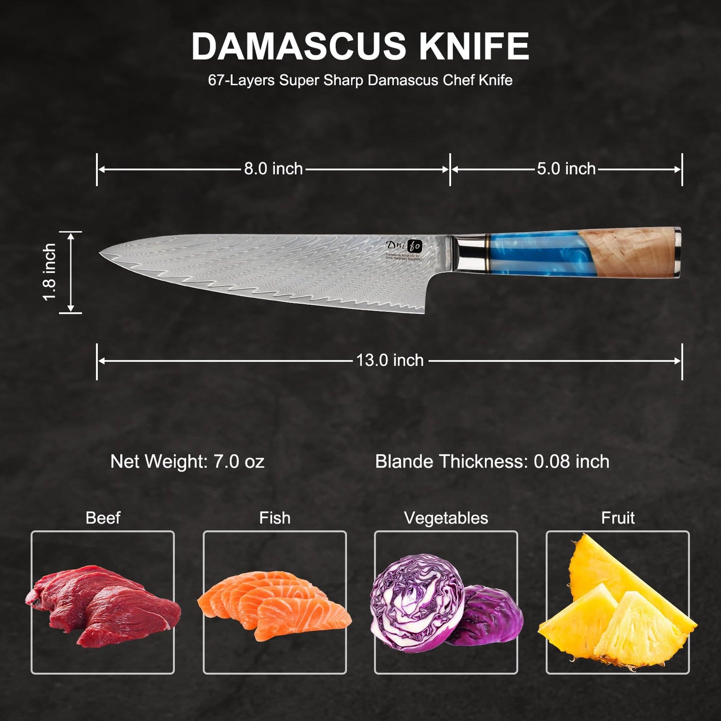 Dnifo Chef Knife 8 Inch, Damascus VG-10 Steel Sharp Japanese Kitchen Knife with Gift Box and Resin Wood Handle, Ideal Gift for Men and Women