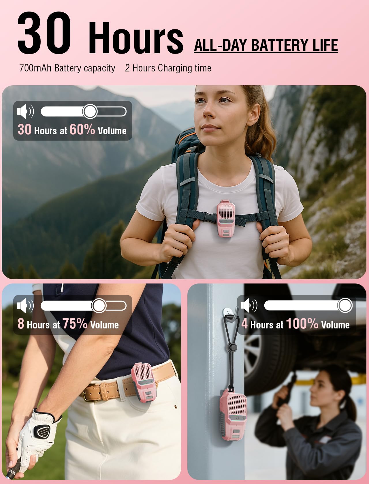 GBEAST Wearable Bluetooth Speaker with RGB, IPX6 Waterproof Clip-On Portable Speaker with 30H Playtime - Built-in Mic Hands-Free for Jobsite/Outdoor/Golf, TWS Portable Speakers（Pink）