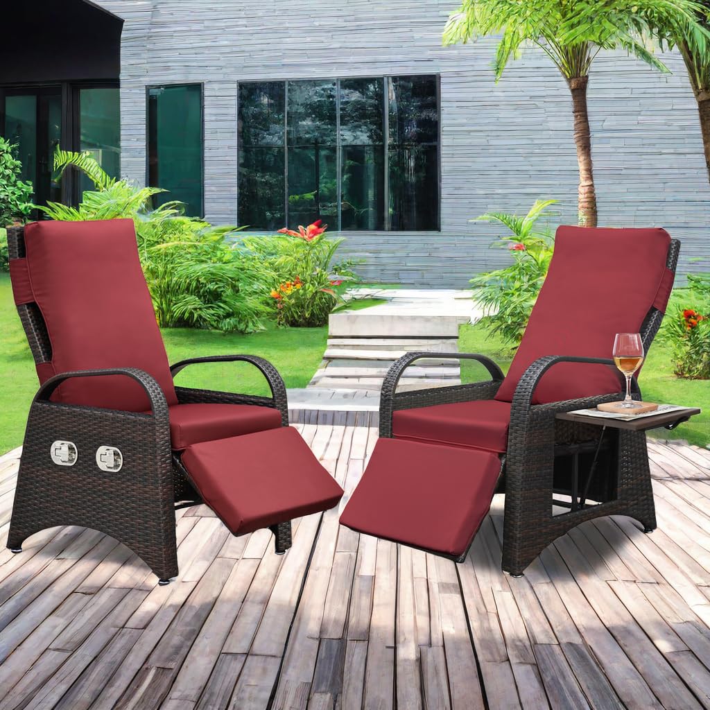 ATR ART TO REAL Outdoor Recliner Chairs, PE Wicker Reclining Lounge Chair with Removable Soft Cushion, Adjustable Outside Recliners for Patio, Porch, Poolside, Balcony, Lawn (Red, 2 PCS)