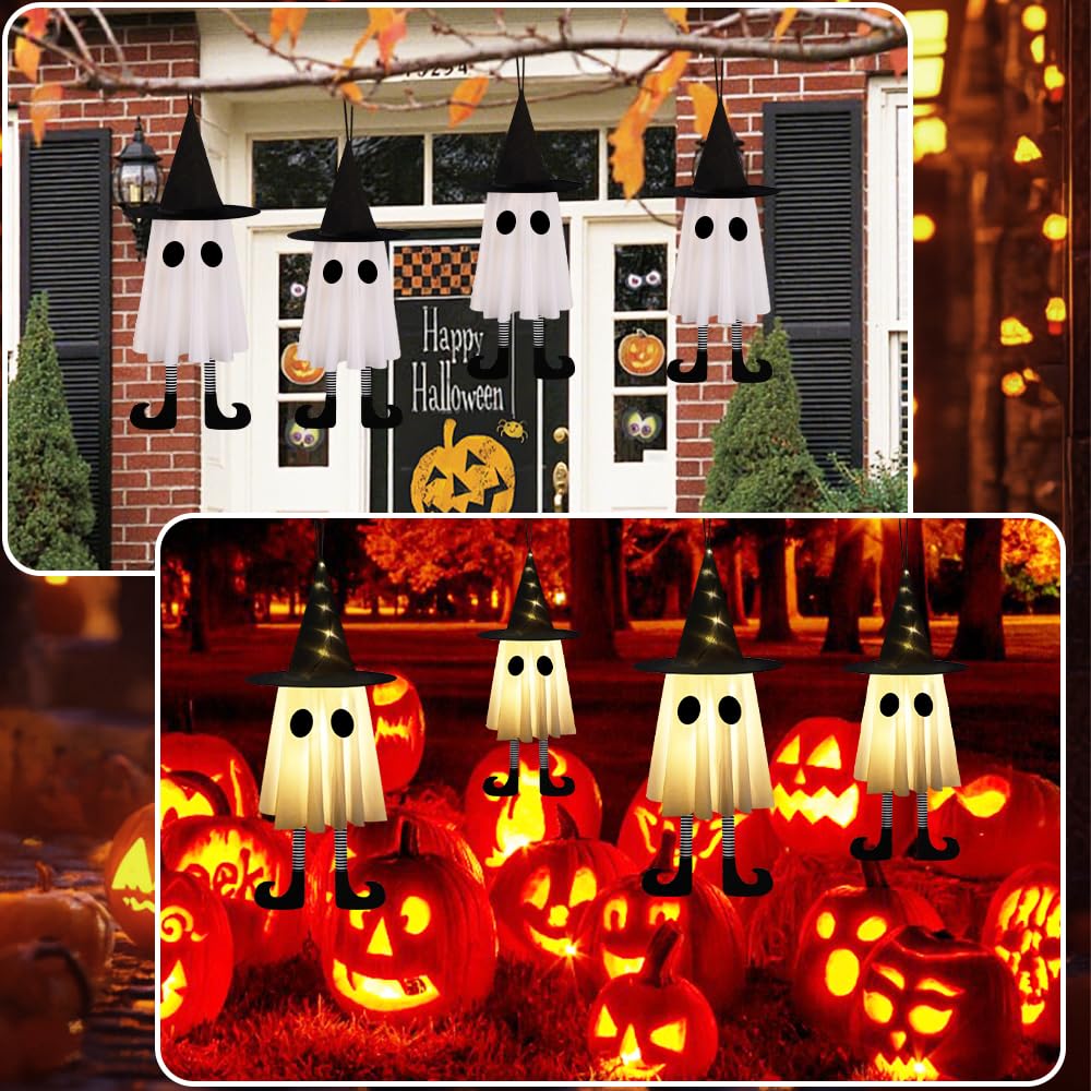 YUJUN 3 Packs Halloween Hanging Ghosts Decorations,Halloween Outdoor Indoor Witch Hat Glowing Ghost Lights Decor for Yard Patio Garden Tree Outside