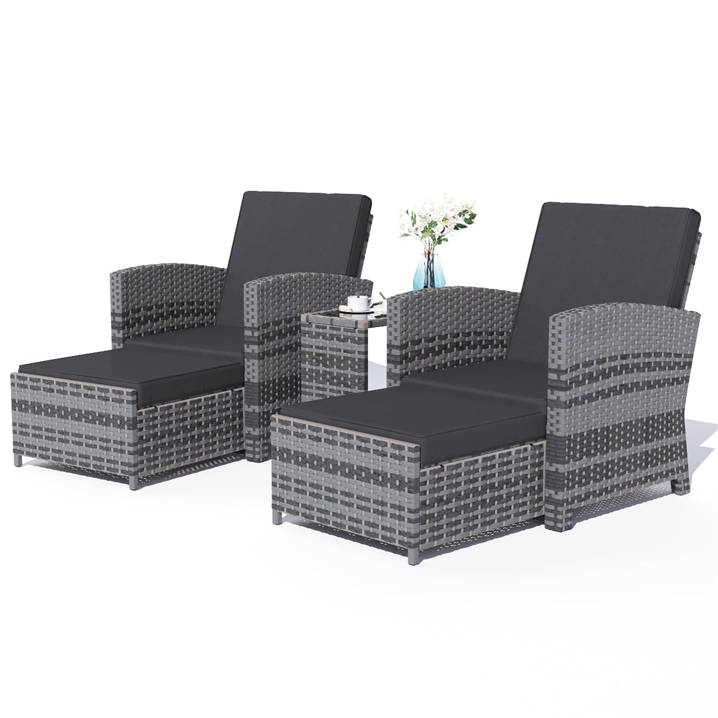 CIRMUBUY 5 Piece Outdoor Patio Furniture Set, Wicker Patio Conversation Set, Outdoor Lounge Chair with Ottomans and Coffee Table for Balcony Lawn Garden (Grey)