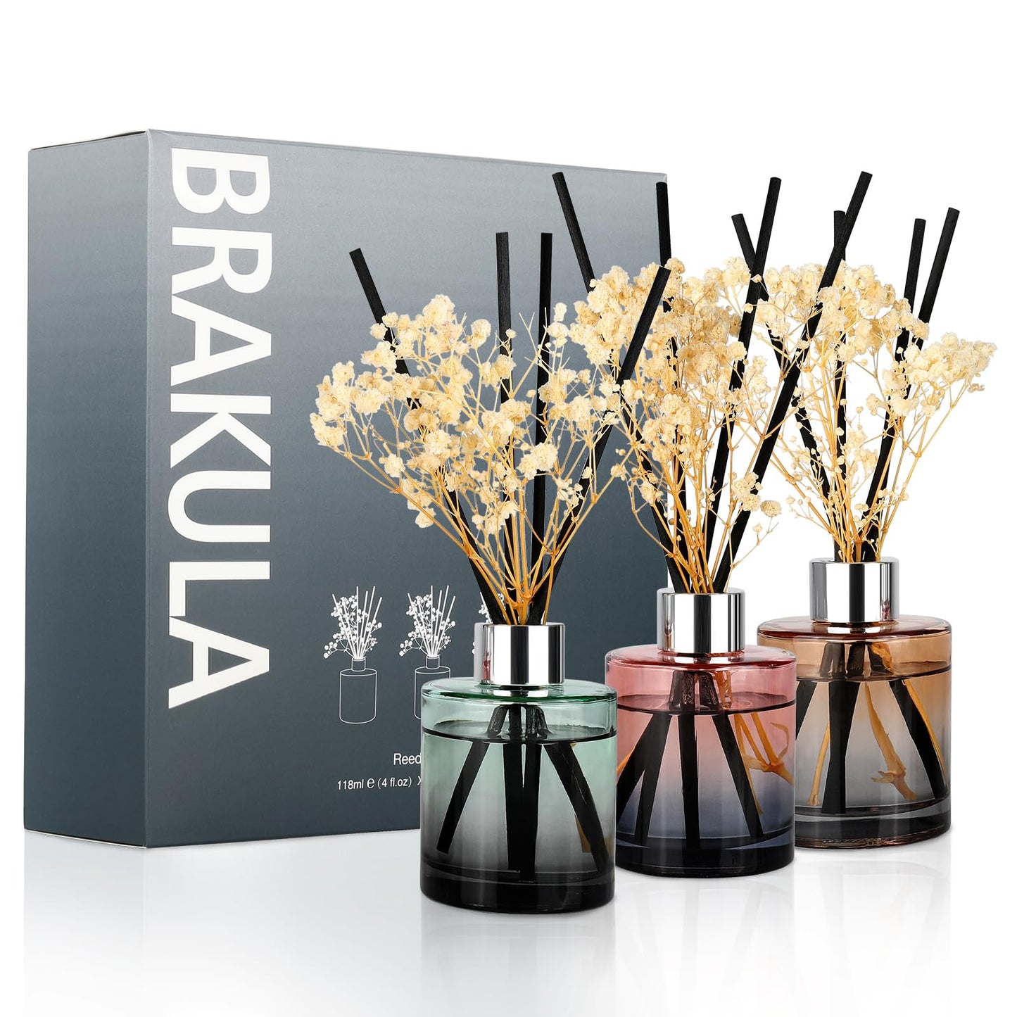 Brakula 3 Pack Reed Diffuser, Oil Diffuser Sticks, Fresh Linen, Eucalyptus&Wild Mint, Lavender Vanilla (4 fl oz Each Pack), Home Fragrance with 18 Sticks, Home Decor, Reed diffusers for Home
