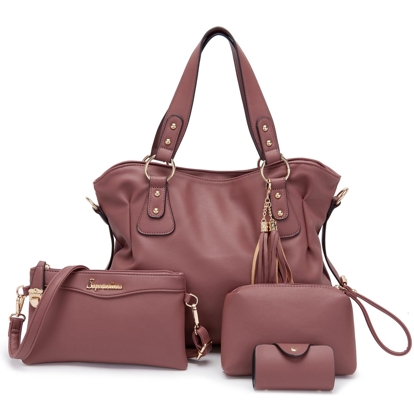 Soperwillton Fashion Handbag for Women Shoulder Bag Top Handle Satchel Hobo Tote Bag Purse Set 4pcs