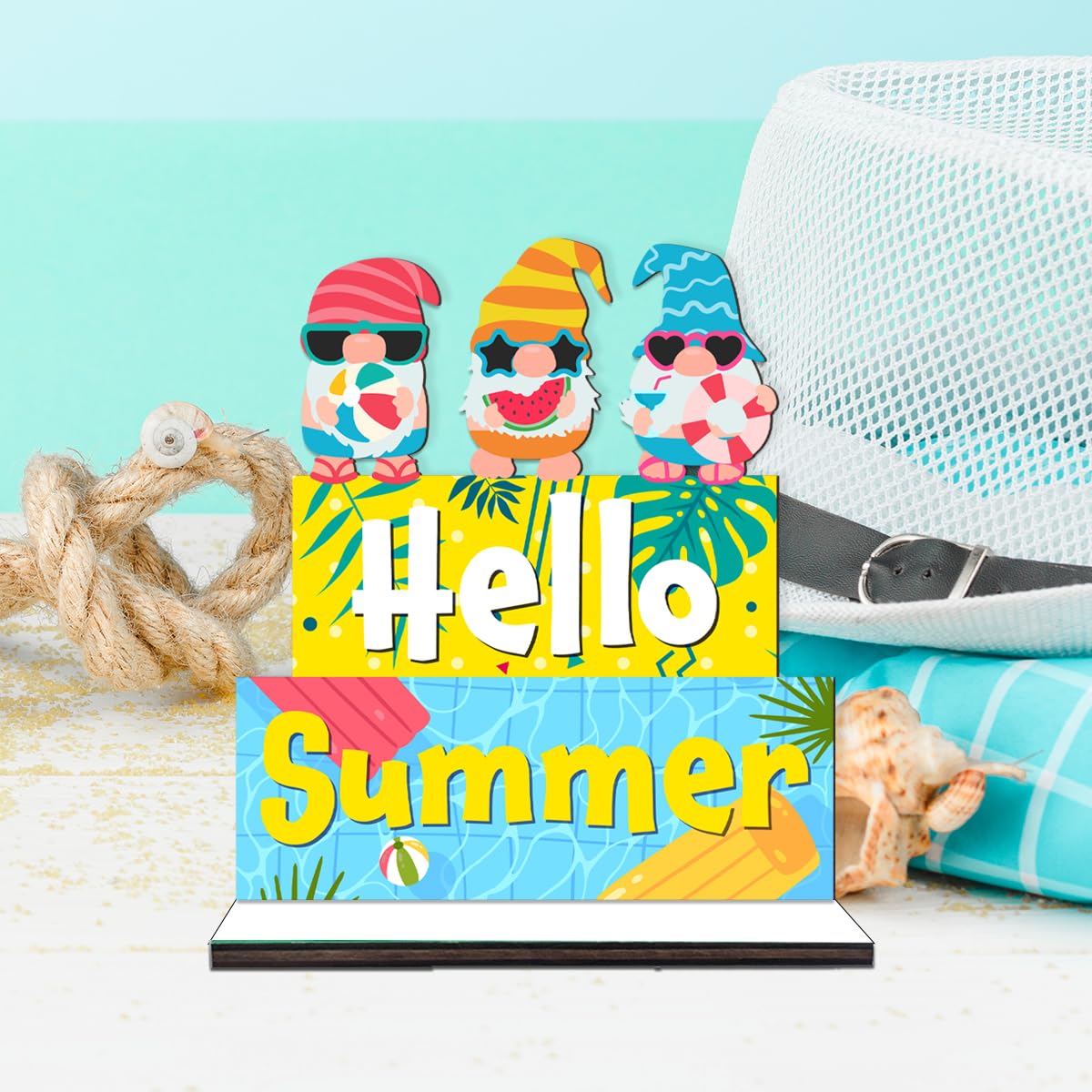 Beach House Hello Summer Decorations Table Summer Decor for Home Bathroom Office Indoor Signs Wooden Centerpieces Wooden Wood for Farmhouse Table Decor