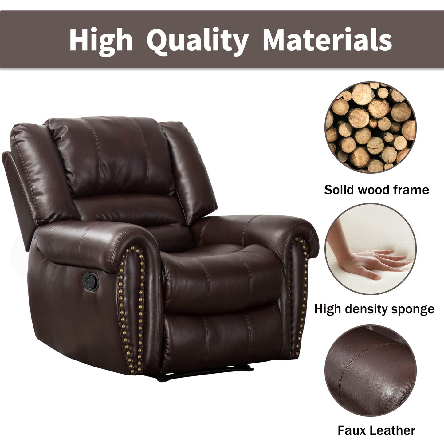 CANMOV Leather Recliner Chair, Classic and Traditional Manual Recliner Chair with Comfortable Arms and Back Single Sofa for Living Room, Brown
