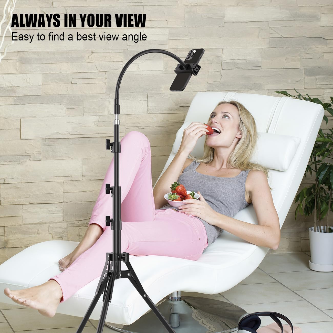 Phone Tripod, 6.75 FT Tall Phone Tripod Stand with Flexible Gooseneck, Overhead 360°Adjustable Tripod with Phone Holder, Compatible with iPhone 16 Pro Max/Plus/16/15/14 for Video Recording