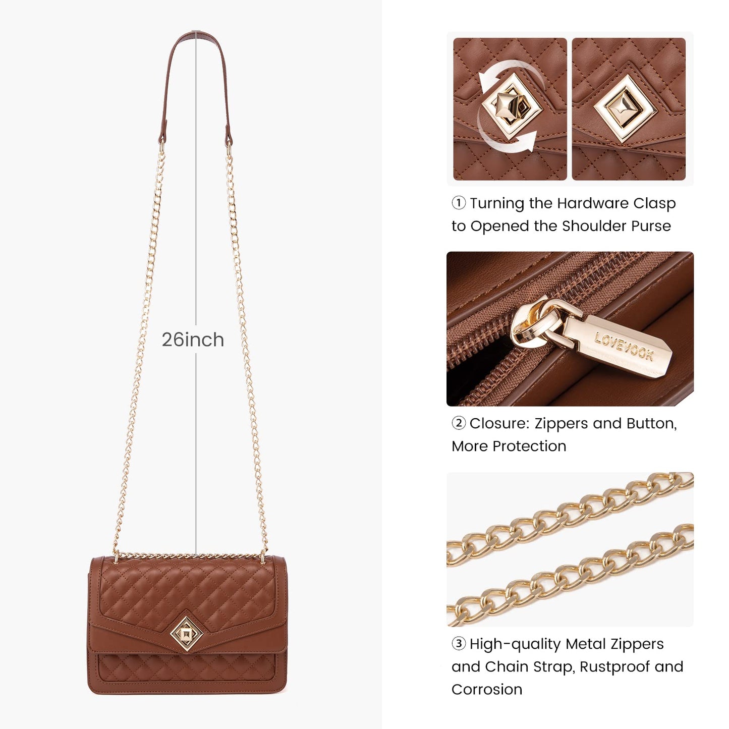 LOVEVOOK Brown Crossbody Bags for Women Quilted Designer Purses and Handbags, Ladies Shoulder Chain Purse