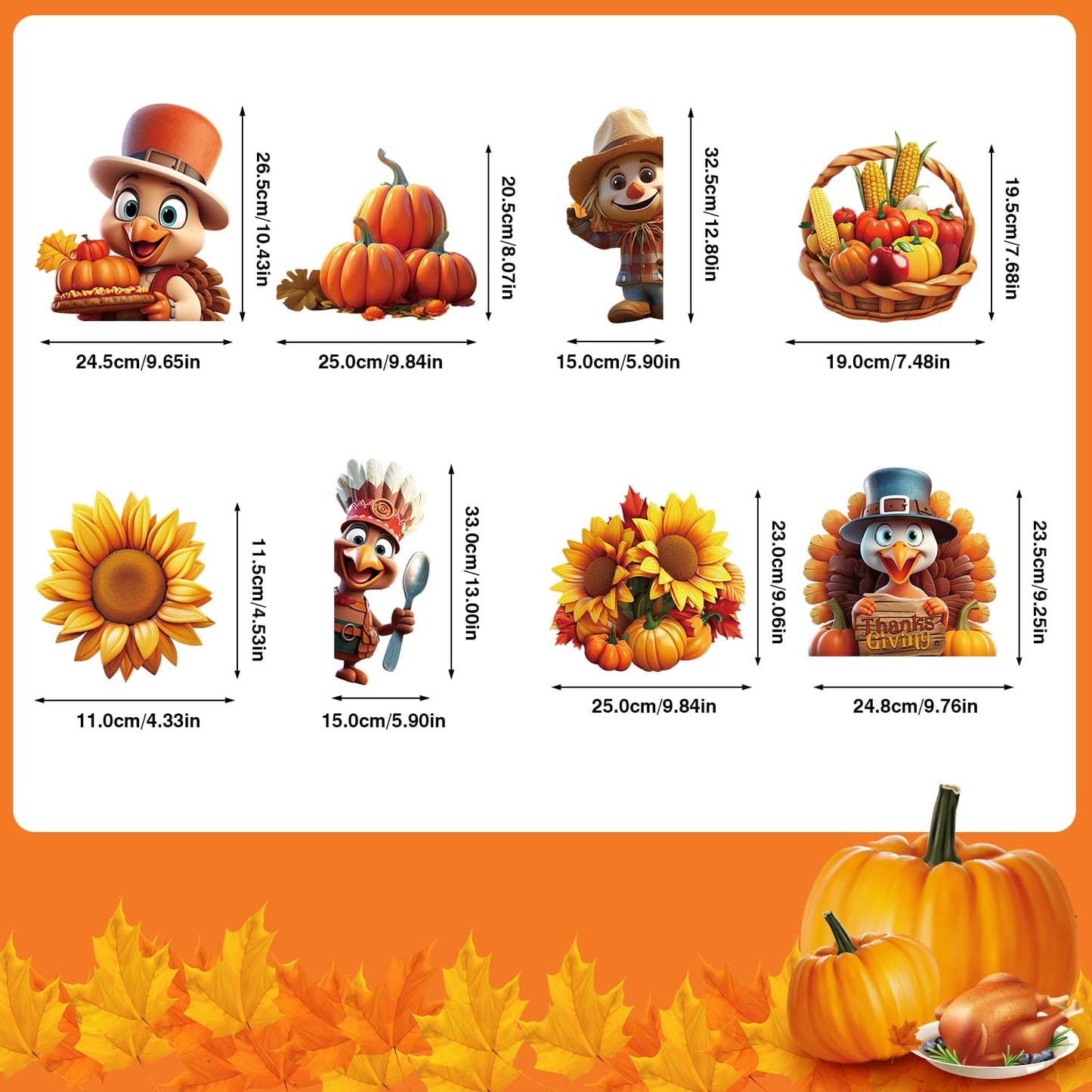 LOKIPA 3D Thanksgiving Window Stickers, 8 Sheets Thanksgiving Window Clings Double Sided Window Decals for Thanksgiving Window Decorations, Yellow
