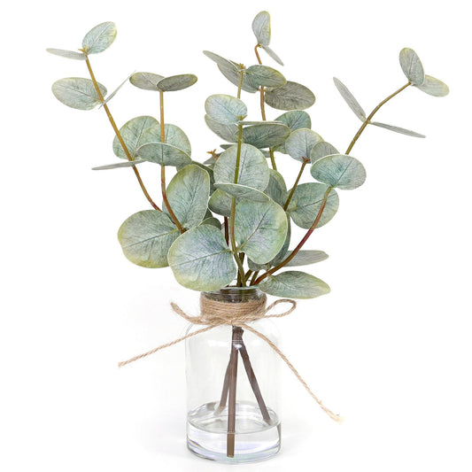 Muhanjia Artificial Eucalyptus Stems in Glass Vase with Faux Water,3Pcs Fake Plant with Double-Sided Green Leaves for Centerpiece(Double-Sided Green Eucalyptus)