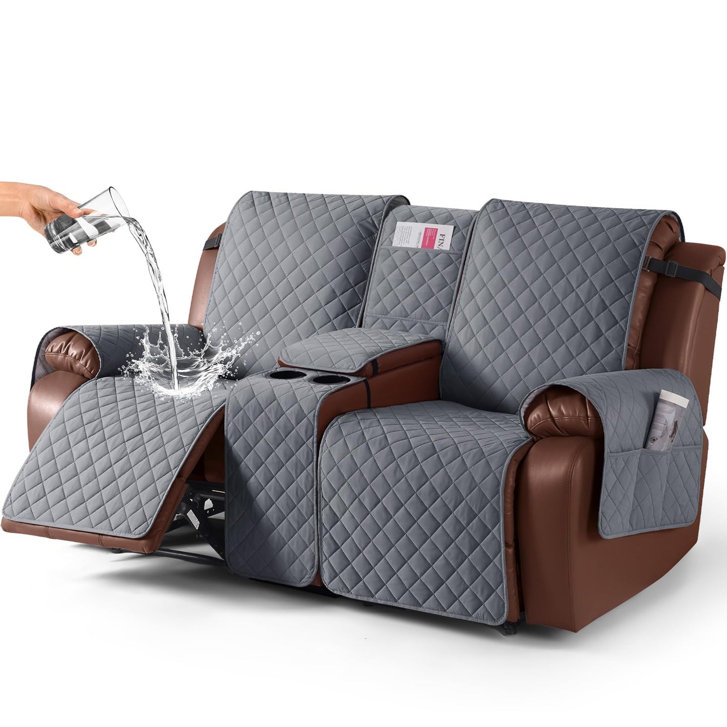 KinCam 100% Waterproof Recliner Loveseat Cover with Console, Non-Slip Reclining Couch Covers for 2 Seat, Recliner Sofa Cover Furniture Protector with Elastic Straps for Kids, Pets, Dark Gray