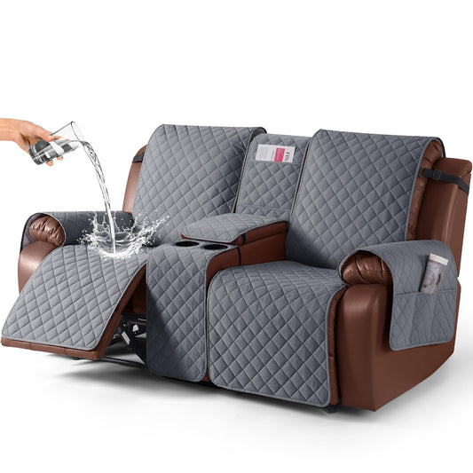 KinCam 100% Waterproof Recliner Loveseat Cover with Console, Non-Slip Reclining Couch Covers for 2 Seat, Recliner Sofa Cover Furniture Protector with Elastic Straps for Kids, Pets, Dark Gray