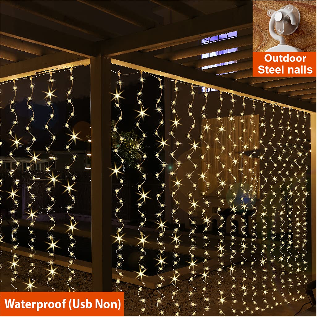 ZSJWL 300 LED Curtain Fairy Lights with Remote, 8 Modes 9.8 × 9.8 Ft, USB Plug in Copper Wire String Lights for Bedroom Window Chrismas Wedding Party, Warm White