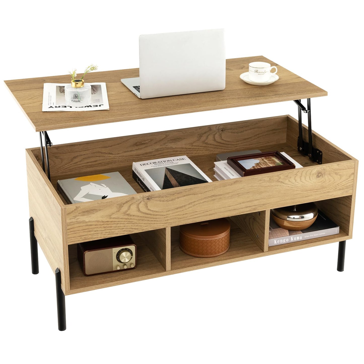 Giantex Lift Top Coffee Table - Rectangular Wooden Table w/Hidden Compartment & Open Storage Shelves, Multifunctional Modern Flip Top Center Table for Living Room, Reception Room, Office (Natural)