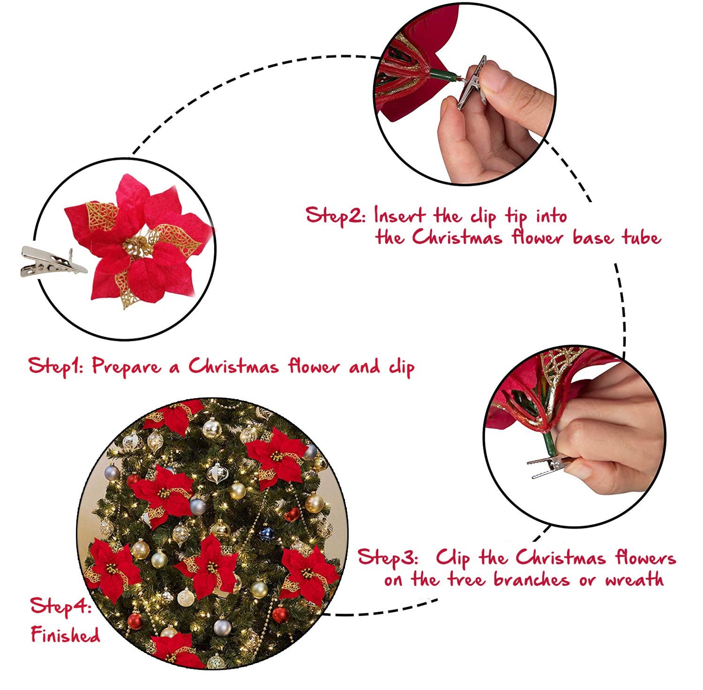 GL-Turelfies 12 Pcs Glitter Christmas Flowers(16cm/6.3’’) with 12 Pcs Clips Artificial Poinsettia Flower Christmas Tree Flower Decorations Xmas Tree Ornaments (Champagne)
