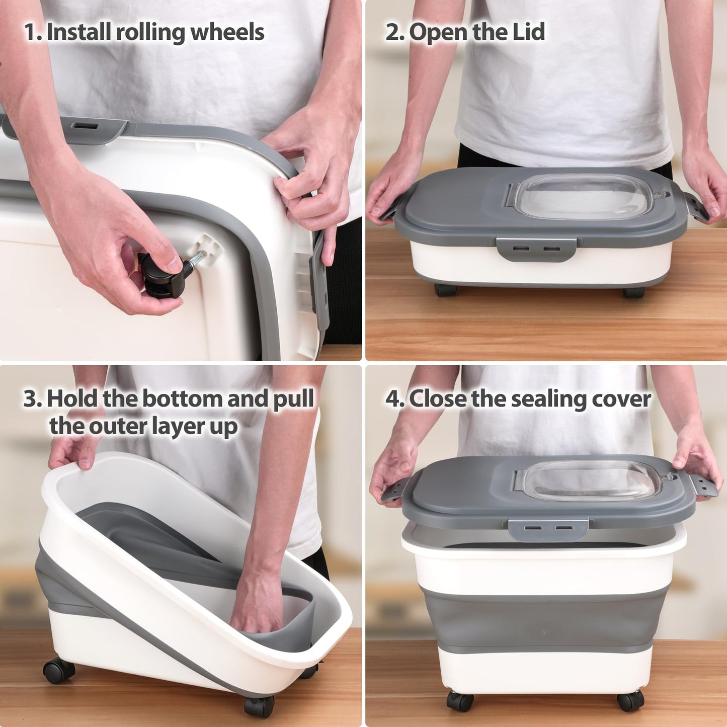 Viretec Dog Food Storage Container, 5-20Lbs Collapsible Pet Food Storage Containers with Rolling Wheel Airtight Locking Lid, Dry Food Storage Bin with Cup and Scoop,Suitable for Pet Food, Rice, Flour