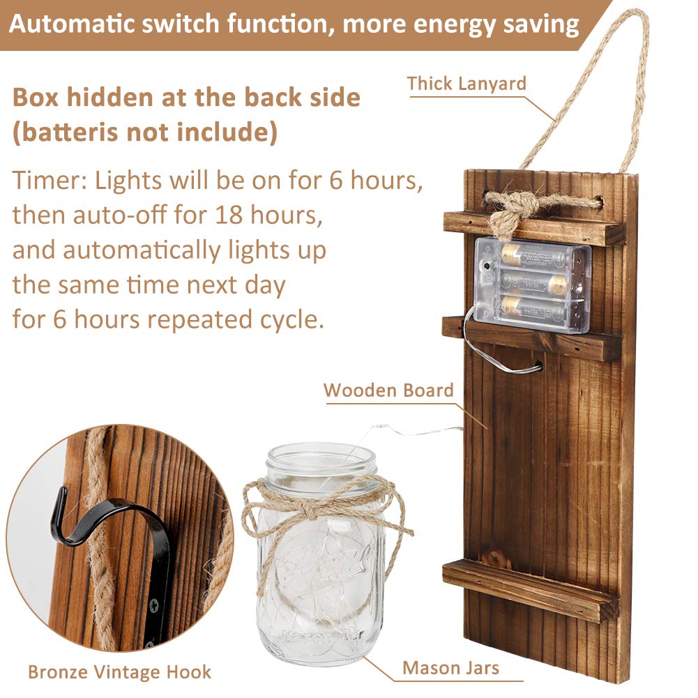 OurWarm Country Farmhouse Sunflower Wall Decor with Mason Jars, Remote 6-Hour Timer LED Lights, Hanging Mason Jar for Home Kitchen Decor Living Room Lights, Set of 2