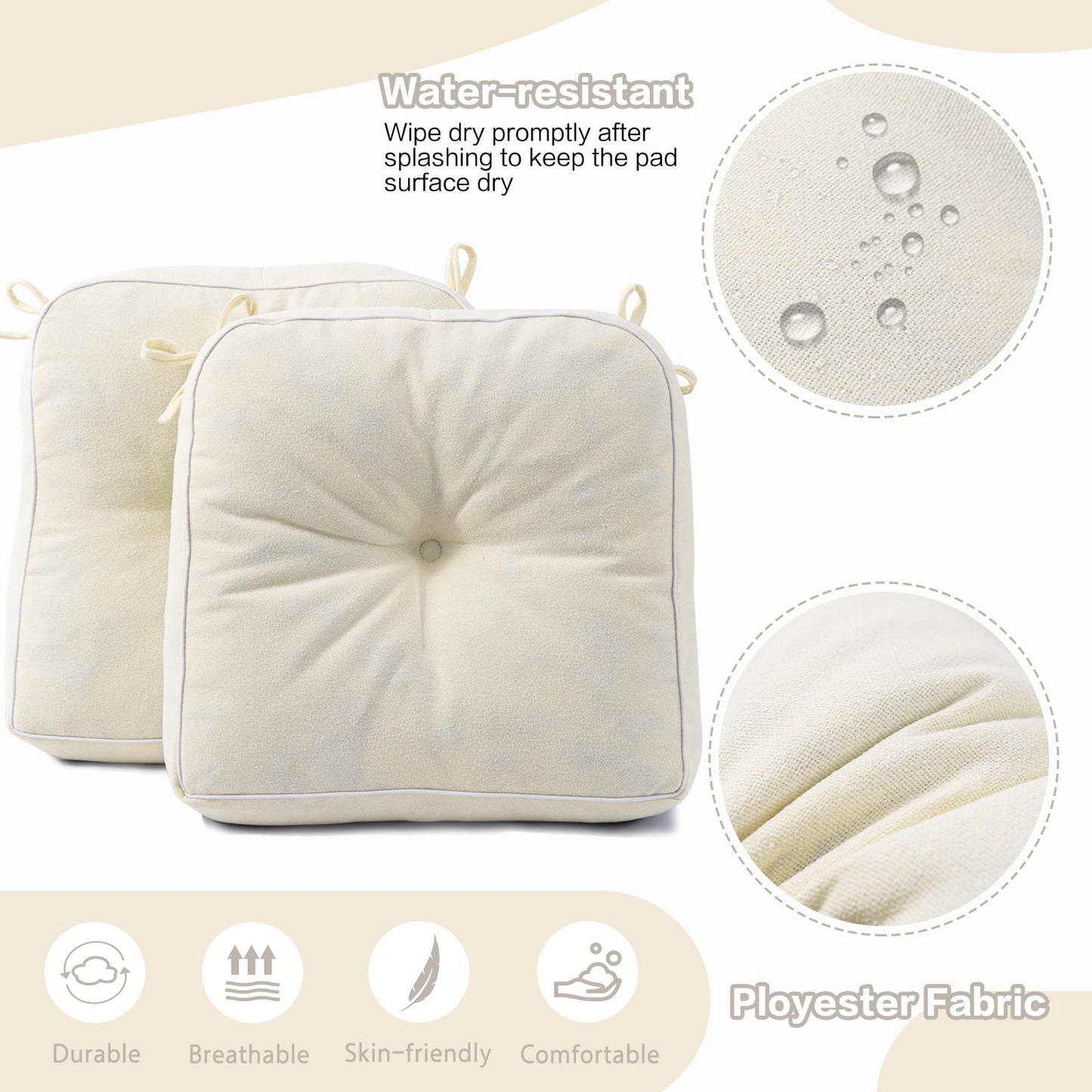 YZ HOME 4 Pack of Chair Cushions for Dining Chairs, Kitchen Chair Pads with Shredded Blue Memory Foam Filling, Indoor Outdoor Chair Seat Cushions with Ties, 16.5 x 16.5 x 5 Inches, Ivory