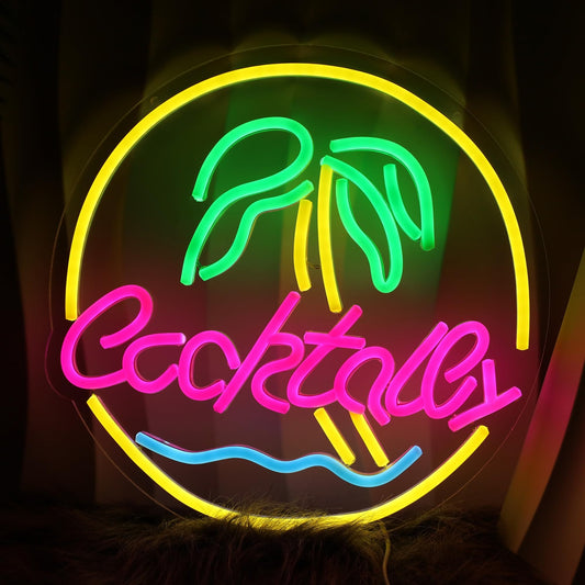 Cocktail Neon Light Dimmable Wine LED Light Palm Tree Wall Decoration Gift for Bar Man Cave Party Gathering 12.8 * 12.8 Inch