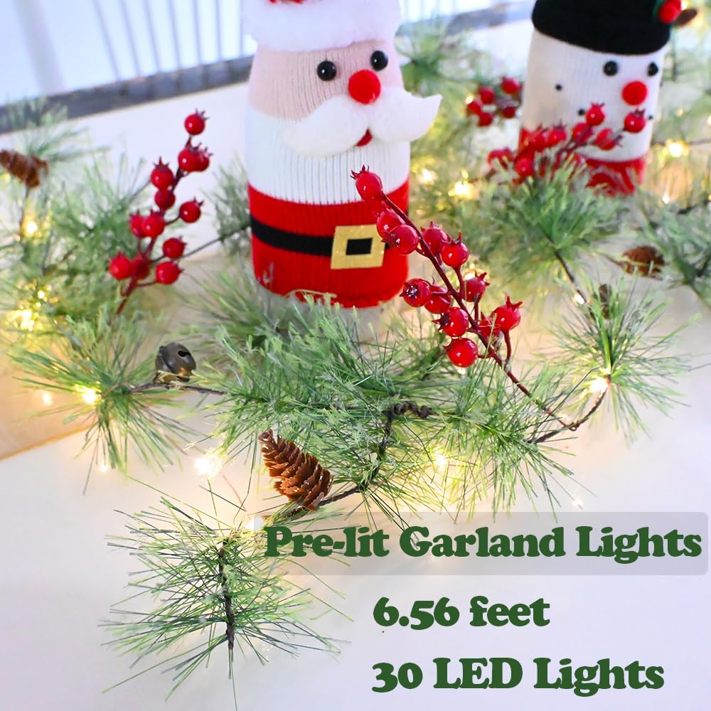 HamiFinee Christmas Garland with LED Fairy Lights Battery Operated Smokey Pine Garlands with 8 Flash Modes and Timer Red Berries Bells Pine Cones Green Garland Rustic Garlands for Xmas Holiday Home