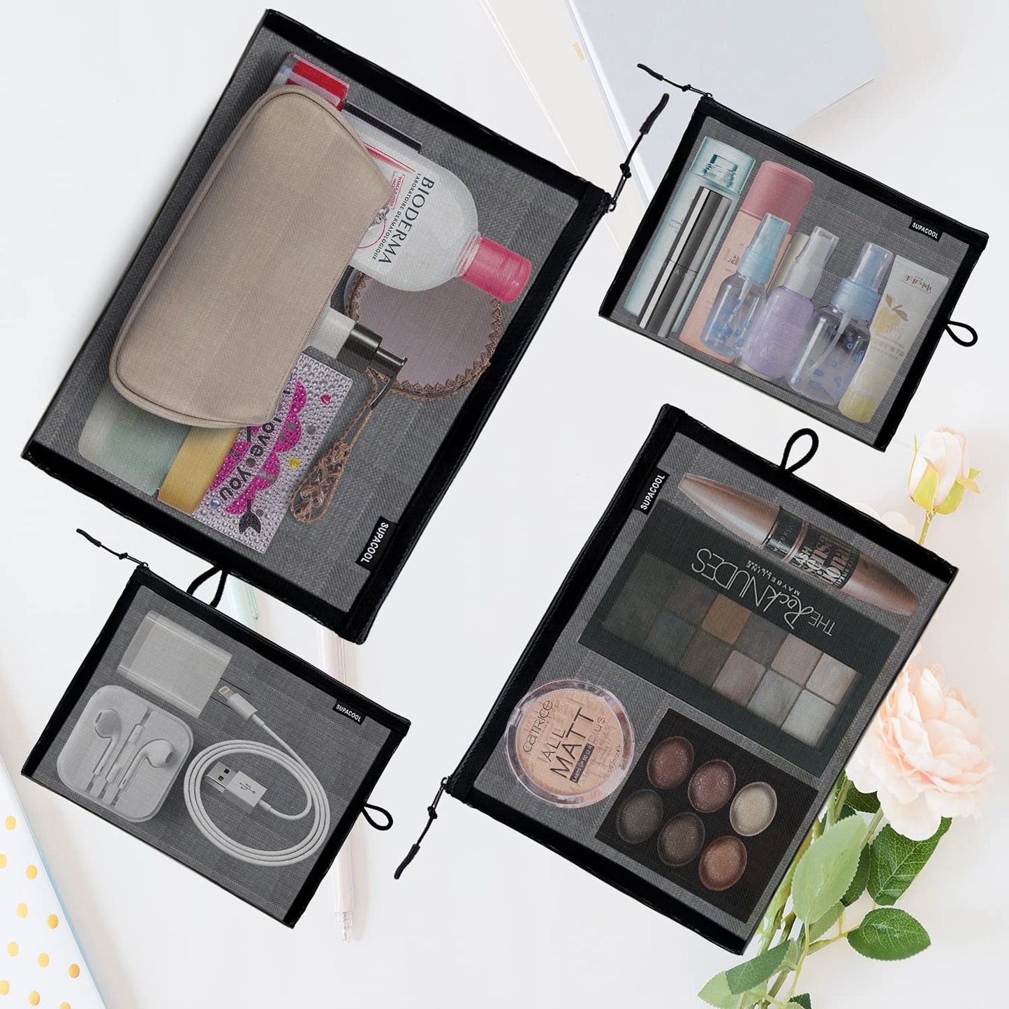 SUPACOOL Set of 4 Travel Mesh Makeup Bag, Cosmetic Organizer Pouches with Zipper, Diaper Organizing Pouches, Nylon Toiletries Bag for Women and Men(4pcs, Black)