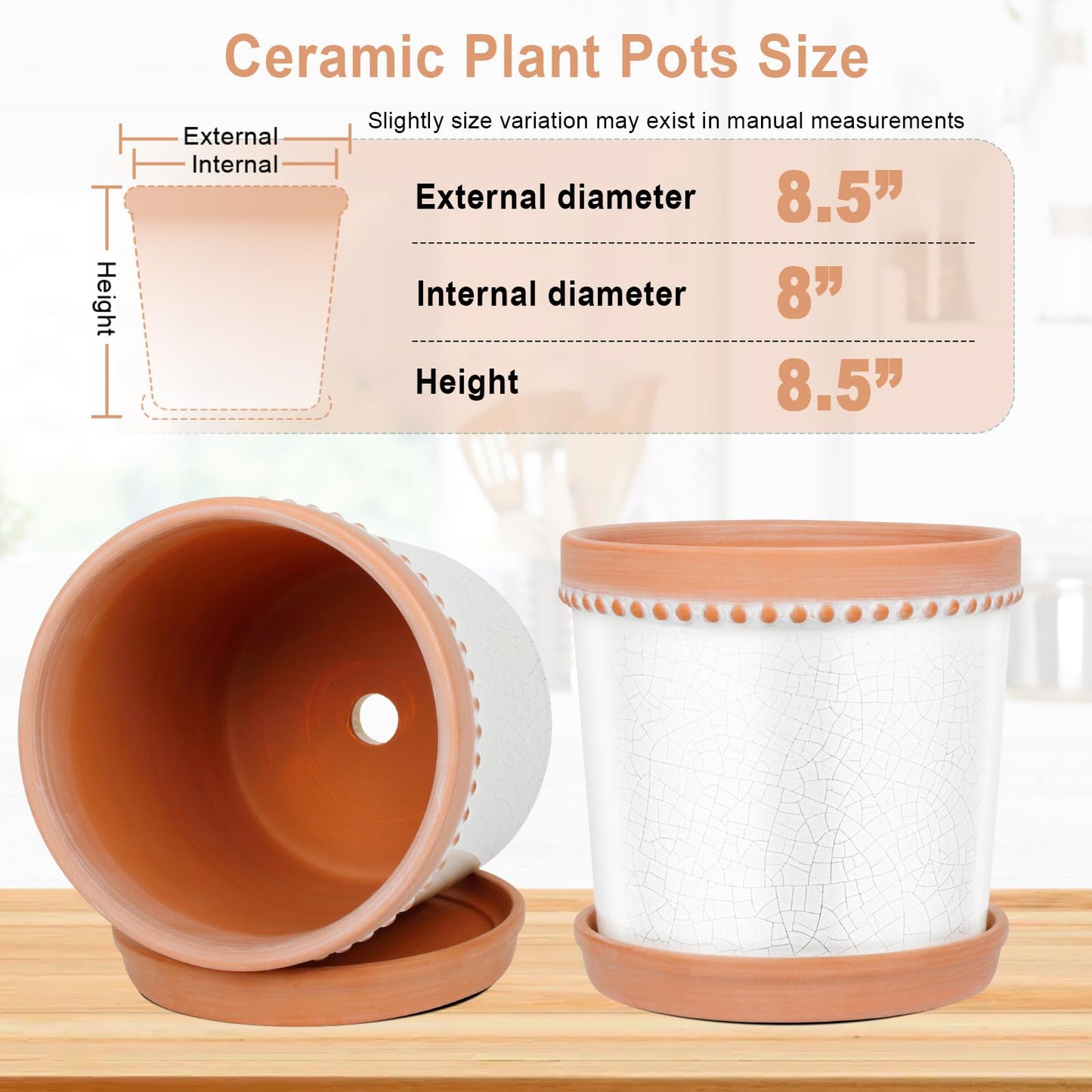 KERUITA 8 Inch Ceramic Plant Pot with Drainage and Saucer – Crackle Glaze White, Large House Plant Pot, Planters for Indoor Plants, Pots for Indoor Plants, Decorative Ceramic Pot for Home & Office