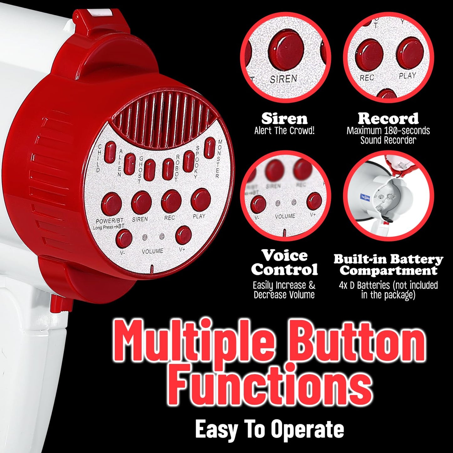 Megaphone Bullhorn | 30-Watt Bull Horn Speaker with Record & Play | Plus Voice Changer for Adults with Siren & Whistle | Blow Horn Loud Speaker with Bluetooth Connection