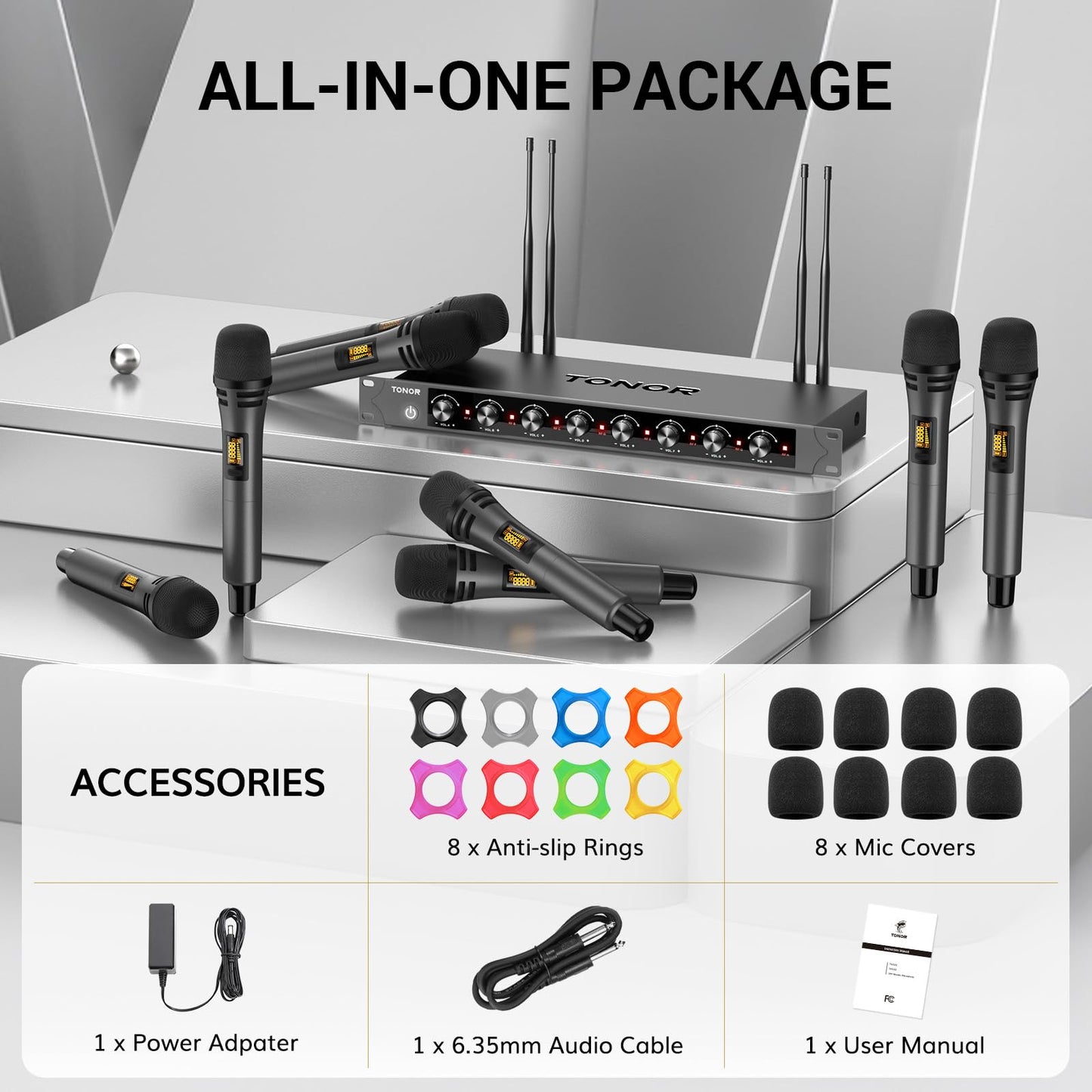 TONOR Wireless Microphones System with 8x12 Channels Cordless Handheld Microfono Inalambrico, 295FT UHF Range, Mics with Stable Signal, Quick Mute for Karaoke Singing Party Church Wedding PA Speaker