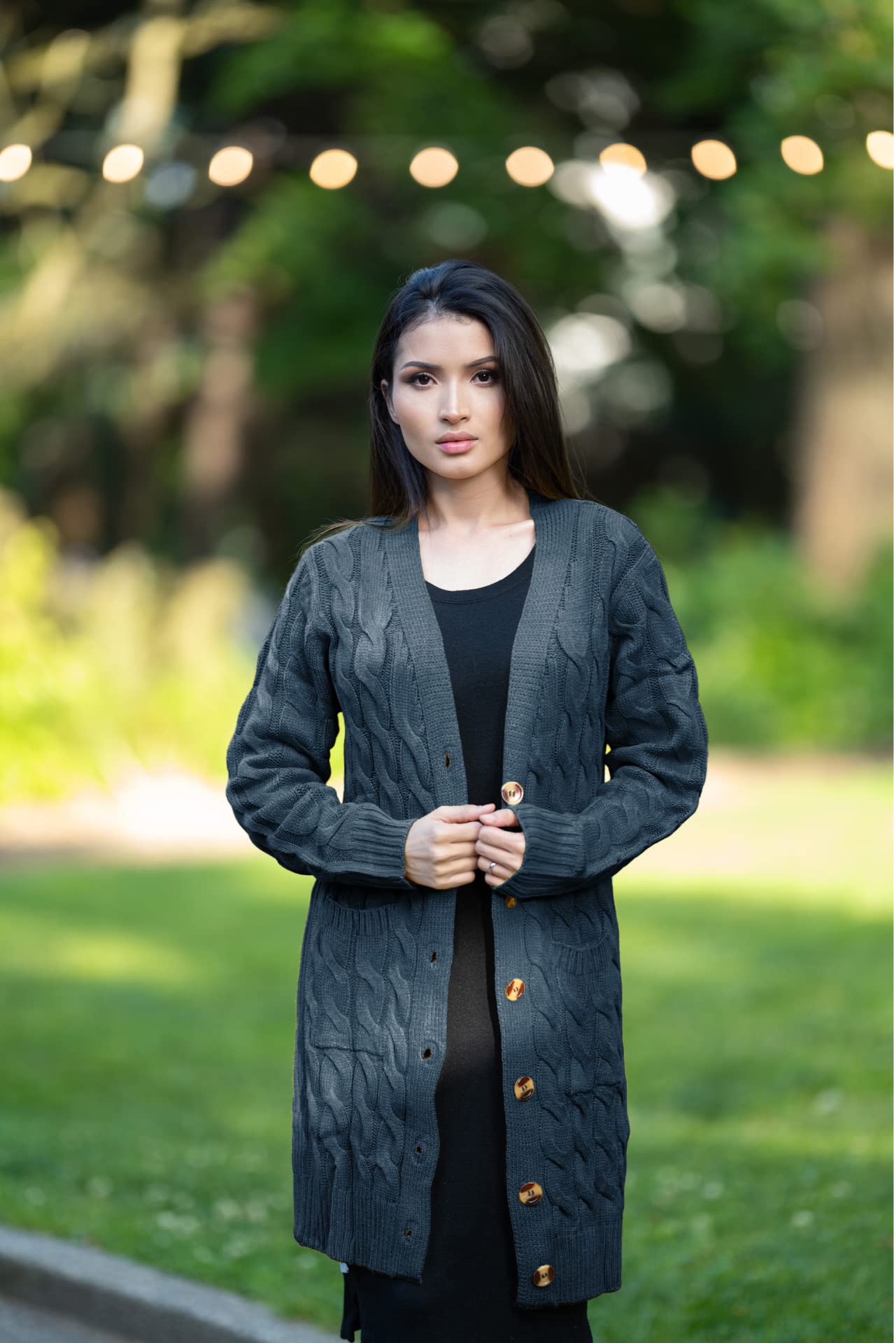 PRETTYGARDEN Long Sleeve Cable Knit Long Cardigan for Women 2025 Fall Winter Chunky Open Front Button Sweaters with Pockets (Blue, Small)