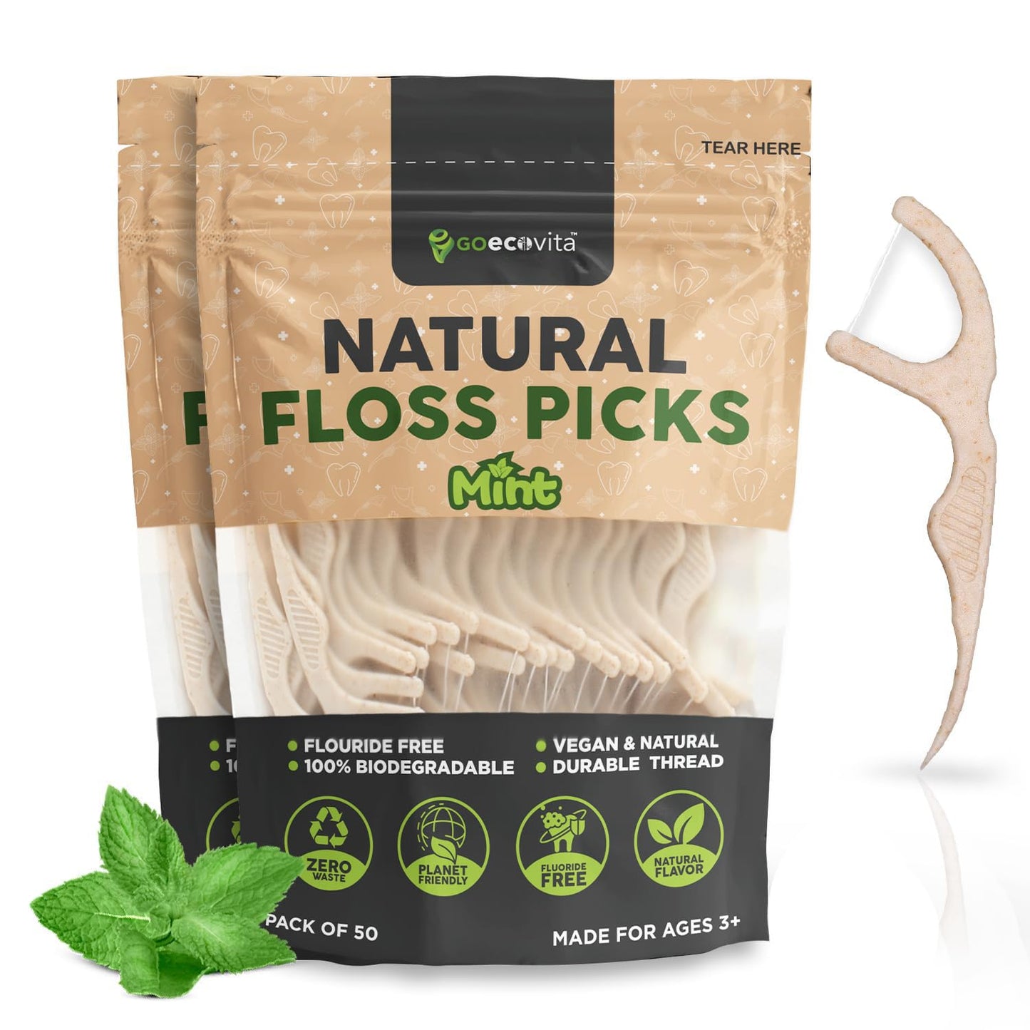 Biodegradable Floss Picks - Natural Straw Wheat Handle | Thin & Durable Thread for Tight Gaps! | Dental Flossers for Adults | Gentle on Gums & Teeth | Eco Friendly, Vegan, Natural (100 Pack, Mint)