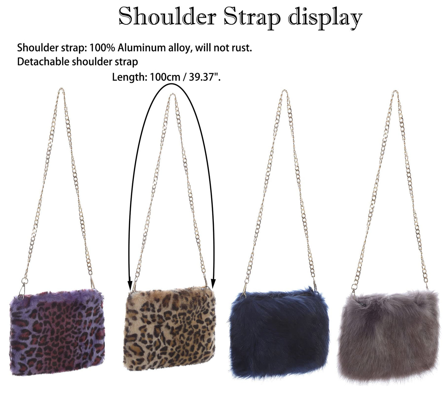 FHQHTH Faux Fox Fur Purse Fuzzy Handbags for Women Evening Handbags Al alloy Shoulder Strap [Black]