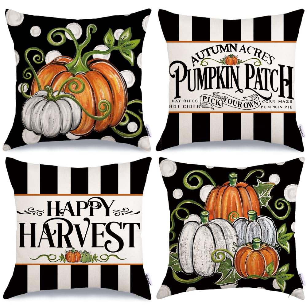 GEEORY Fall Happy Harvest Pumpkin Patch Throw Pillow Covers 18x18 Inch Set of 4, Black Polka Dots Seasonal Autumn Thanksgiving Holiday Decorative Farmhouse Cushion Cases for Home Decoration G664-18