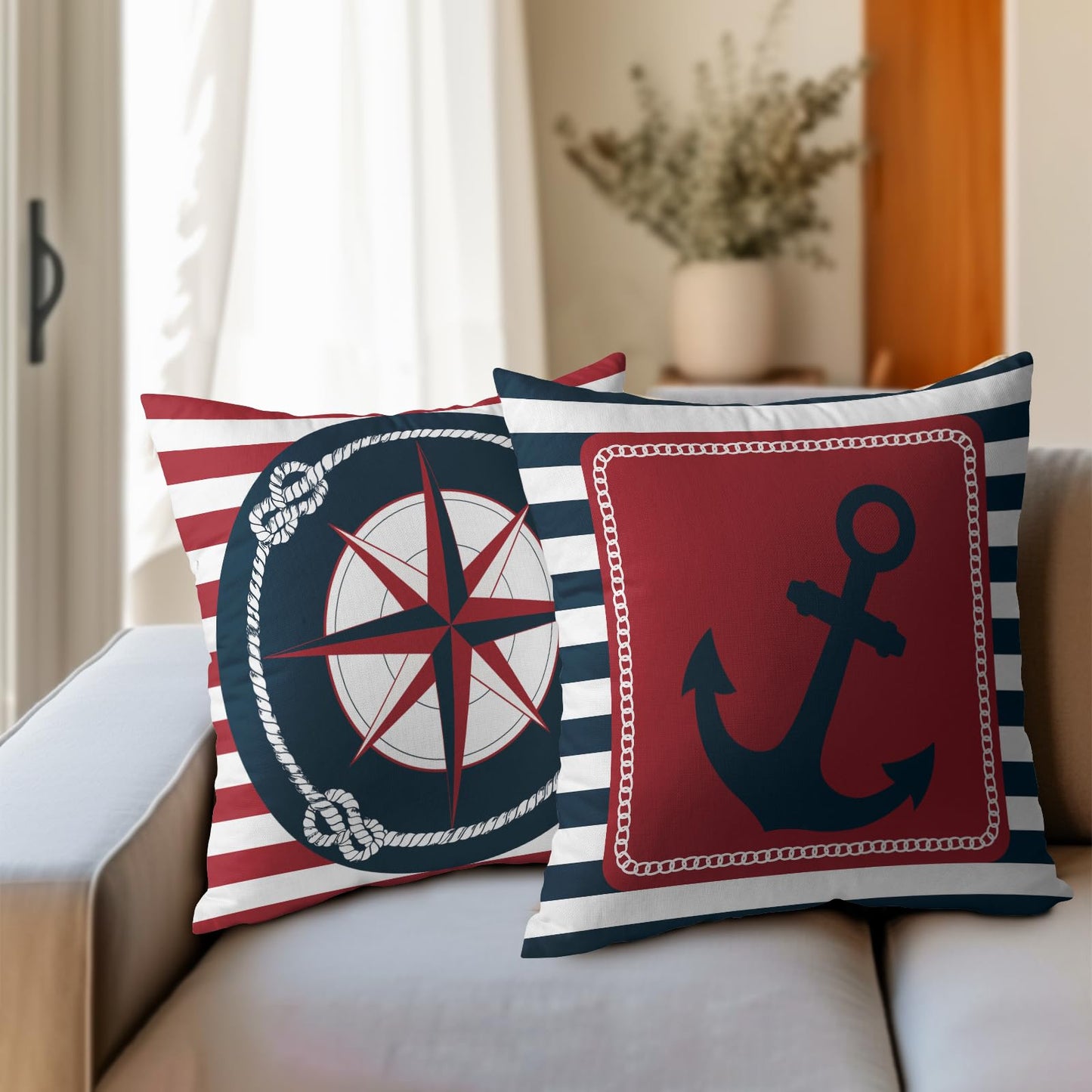 Anchor Compass Throw Pillow Cases Outdoor Nautical Pillow Covers Blue and White Stripes Decorative Cushion Cover 18x18 Inch Red and White Cotton Linen Pillowcases for Beach Coast Home Bedroom