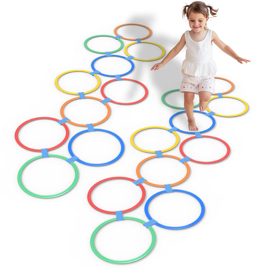 Oranmew 2 Sets Hopscotch Rings, 20 Plastic Round Hoops with 30 Connectors for Toddlers Gross Motor Skills, 11 Inch Indoor/Outdoor Agility Rings for Kids Playground Obstacle Course