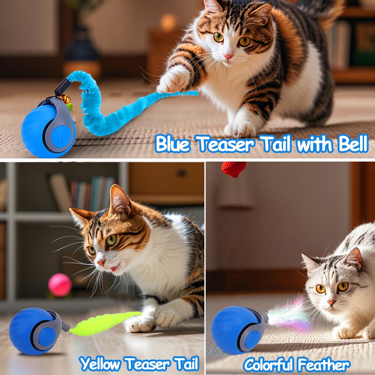 Interactive Cat Toy Ball - Speedy Cat Toys for Indoor Cats with Feather Tails for Chasing, Moving Stimulation Smart Cat Toy for Enrichment, Motion Activated Automatic Rolling Toys to Keep Them Busy