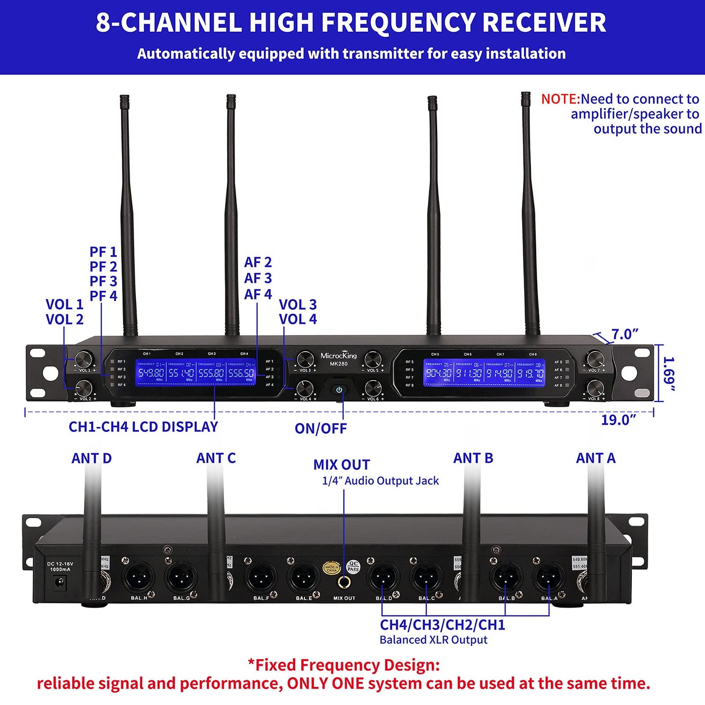 MicrocKing Wireless Microphone System, 8-Channels UHF Cordless Dynamic Handheld Mics, Long Range 400ft, Auto Connect, Ideal for Karaoke Party Wedding Speech and Outdoor Events