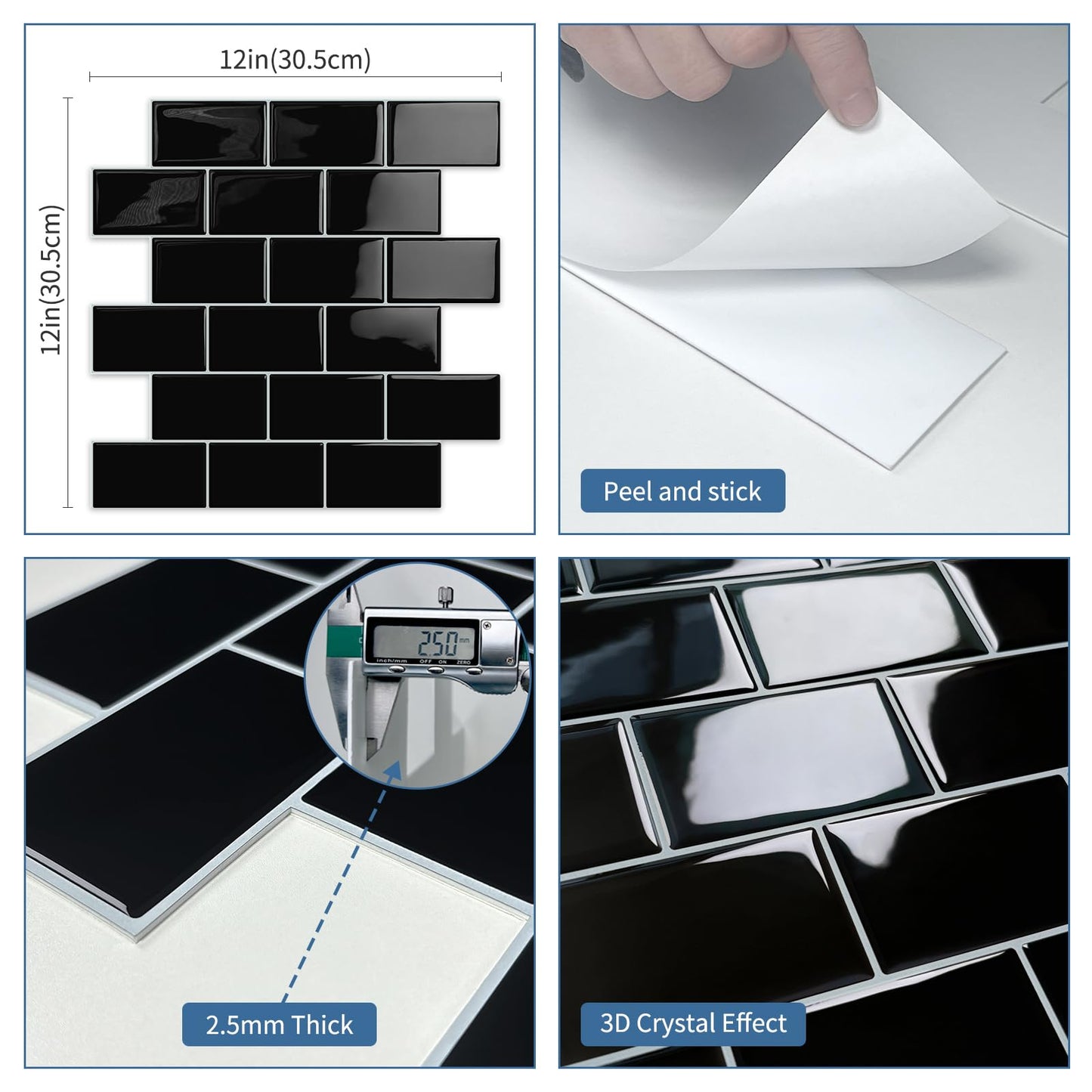 Tiwoos Thick Black Peel and Stick Subway Tile Backsplash Self Adhesive for Kitchen Bathroom Wall (10-Sheet, 12"×12")