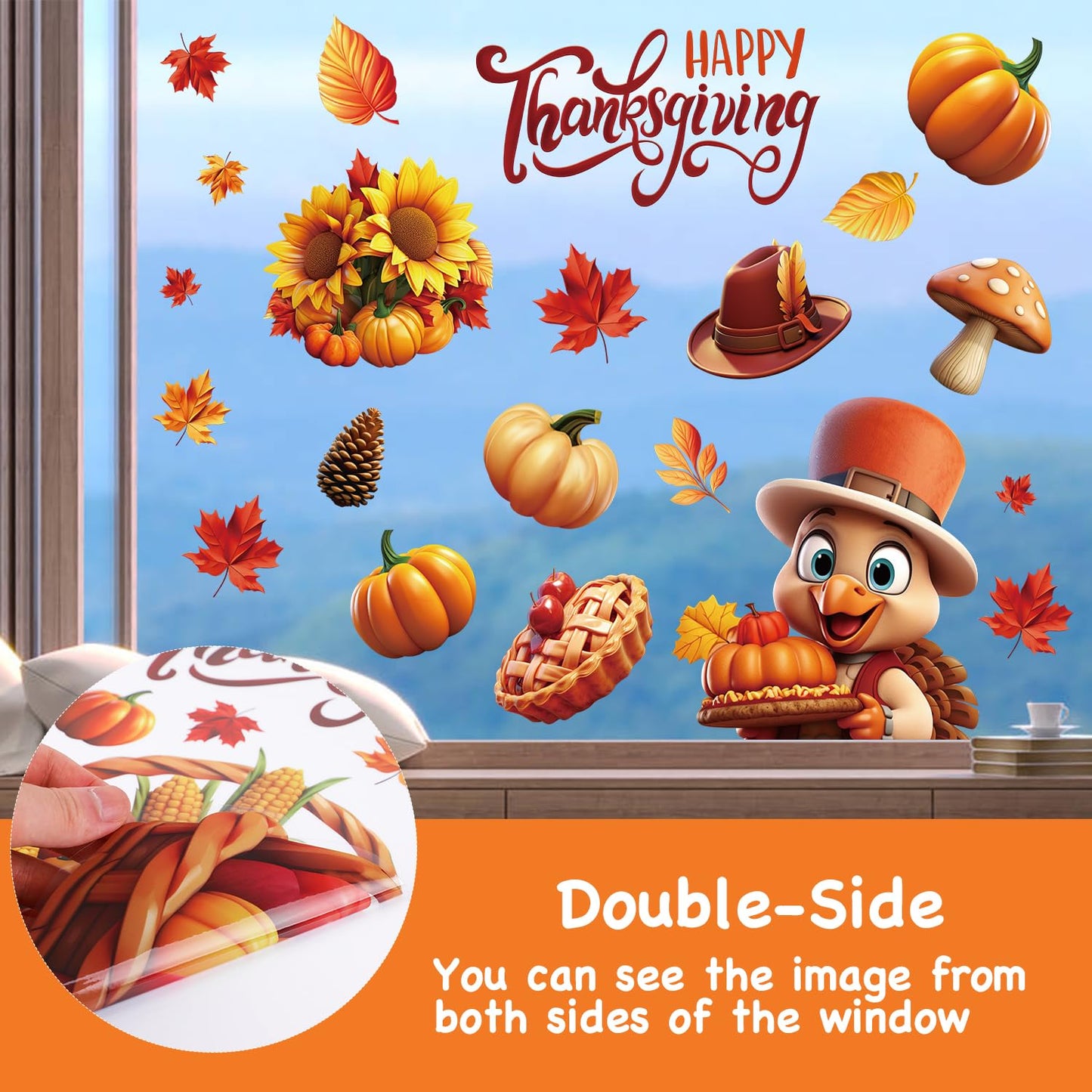 LOKIPA 3D Thanksgiving Window Stickers, 8 Sheets Thanksgiving Window Clings Double Sided Window Decals for Thanksgiving Window Decorations, Yellow
