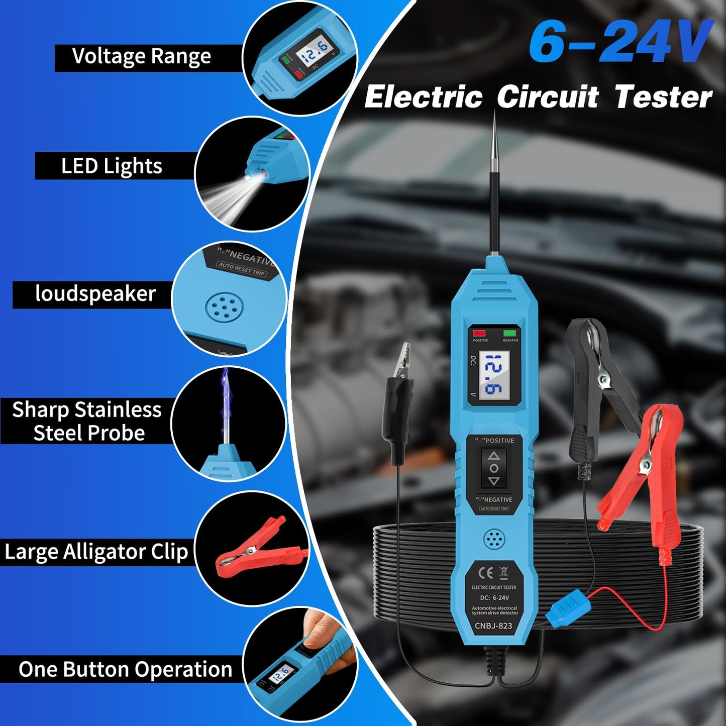 Power Circuit Probe Tester 6-24V DC Multifunctional Automotive Circuit Tester Car Test Light, Fuse Test & Voltage/Continuity Tester for Electrical Short Finder, Trailer Light/Break Finder