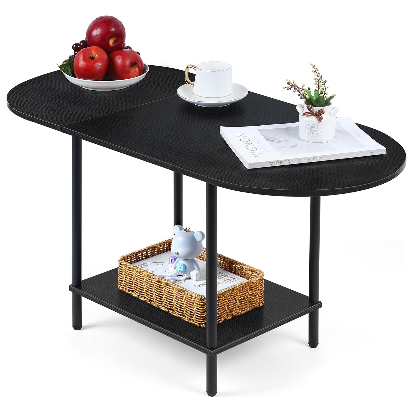 Coffee Tables for Living Room,2-Tier Small Coffee Table Industrial Modern Black Coffee Table with Storage Shelf and Wood Tabletop for Small Space,Home Office
