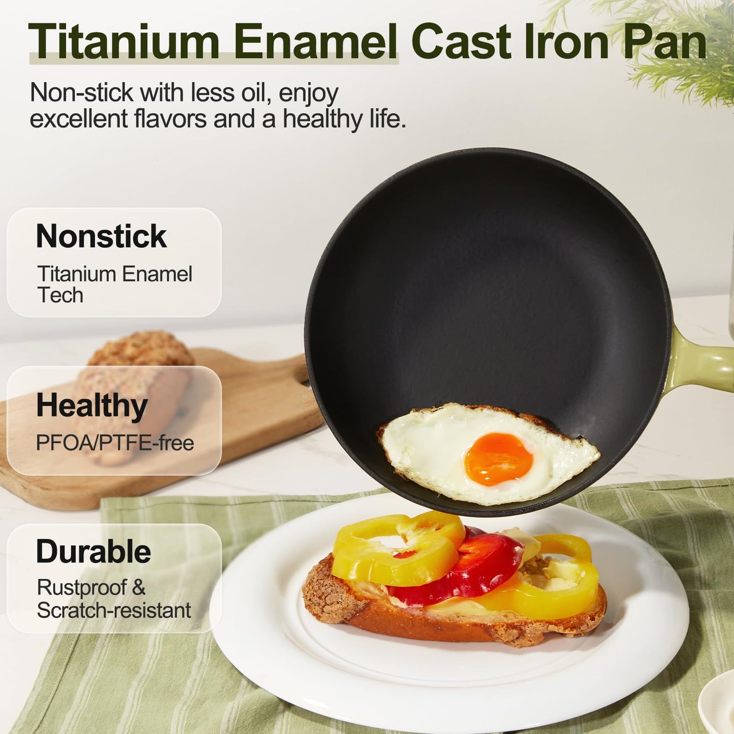 KOKHUB Titanium Enameled Cast Iron Skillets, Non Stick Frying Pan Set 3 Piece, 8" 9.5" 11" Non Toxic PFOA Free Cooking Pans, Dishwasher & Oven Safe Cookware, All Cooktops Compatible, Sage Green