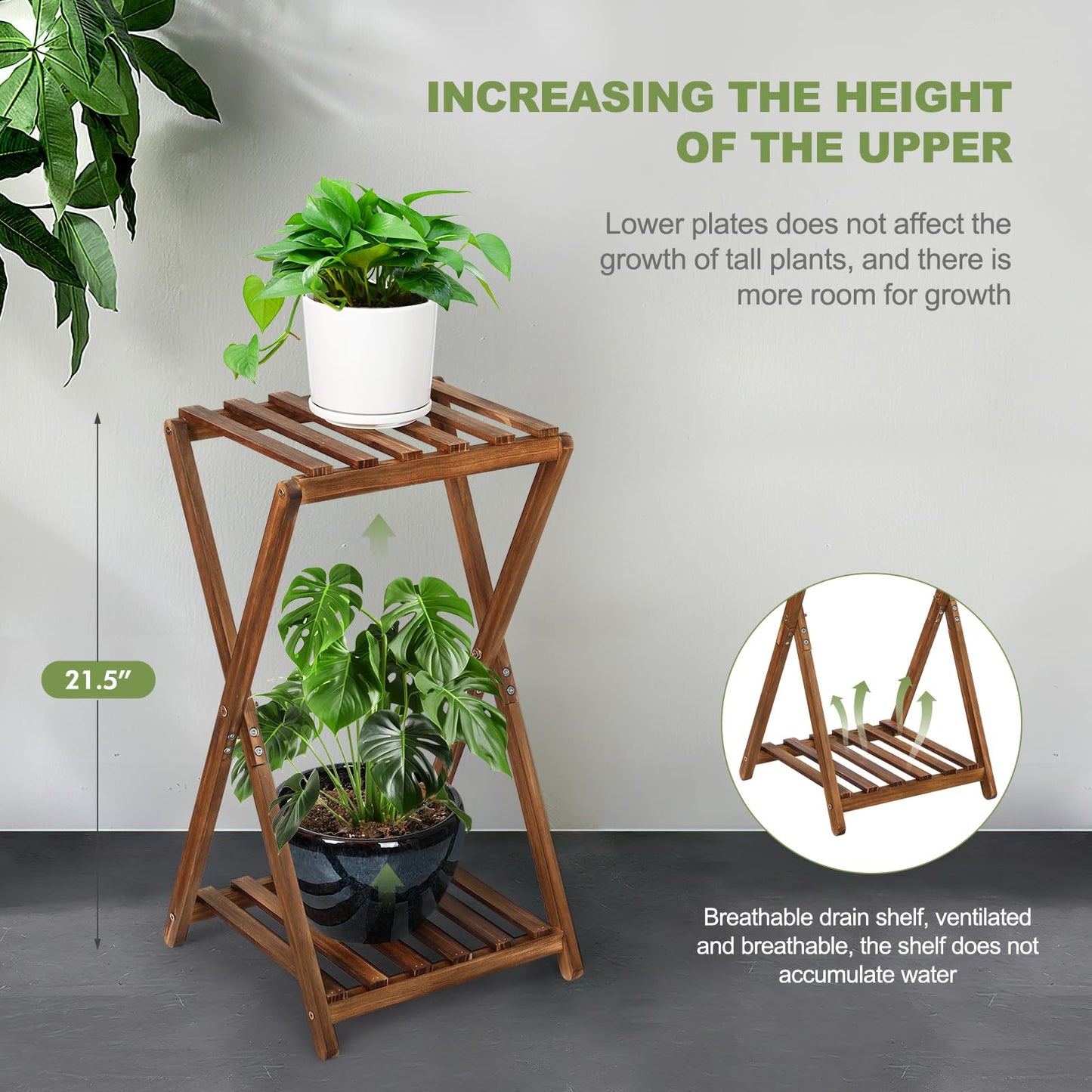 Jotboom Plant Stand Indoor,Wooden 2 Tier Plant Stands,Corner Square Plant Shelf,Rustic Flower Stand Tall Plant Holder for Living Room Bedroom Balcony Office